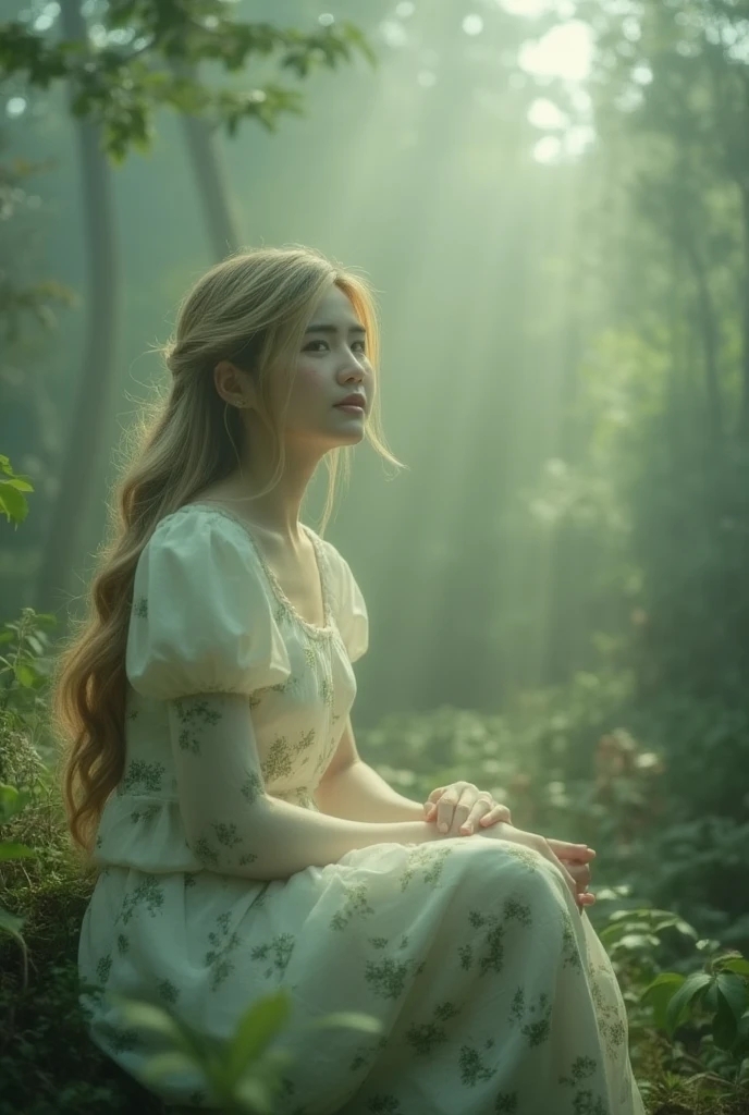 A tranquil landscape unfolds. A stately woman with lush blonde hair flowing down her back sits elegantly with her knees together in a mysterious forest, wearing a white flowing dress with puffed sleeves and a green random pattern print. A softly glowing mist obscures the surroundings. Her porcelain skin glows with a subtle blush, and freckles dance across her cheeks. Her charming smile radiates serenity and wonder. The composition is composed of delicate lines, perfectly blending into the misty atmosphere, all elements whispering serenity. Top quality, very detailed and delicate details description:1.2, ultra realistic photo.