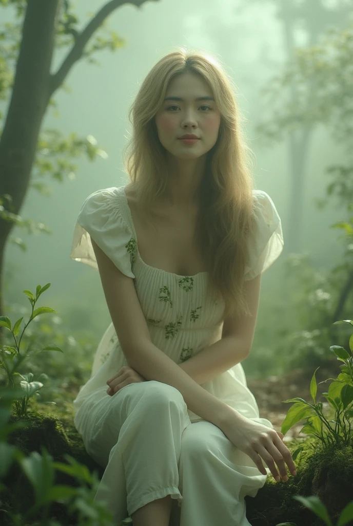 A tranquil landscape unfolds. A stately woman with lush blonde hair flowing down her back sits elegantly with her knees together in a mysterious forest, wearing a white flowing dress with puffed sleeves and a green random pattern print. A softly glowing mist obscures the surroundings. Her porcelain skin glows with a subtle blush, and freckles dance across her cheeks. Her charming smile radiates serenity and wonder. The composition is composed of delicate lines, perfectly blending into the misty atmosphere, all elements whispering serenity. Top quality, very detailed and delicate details description:1.2, ultra realistic photo.