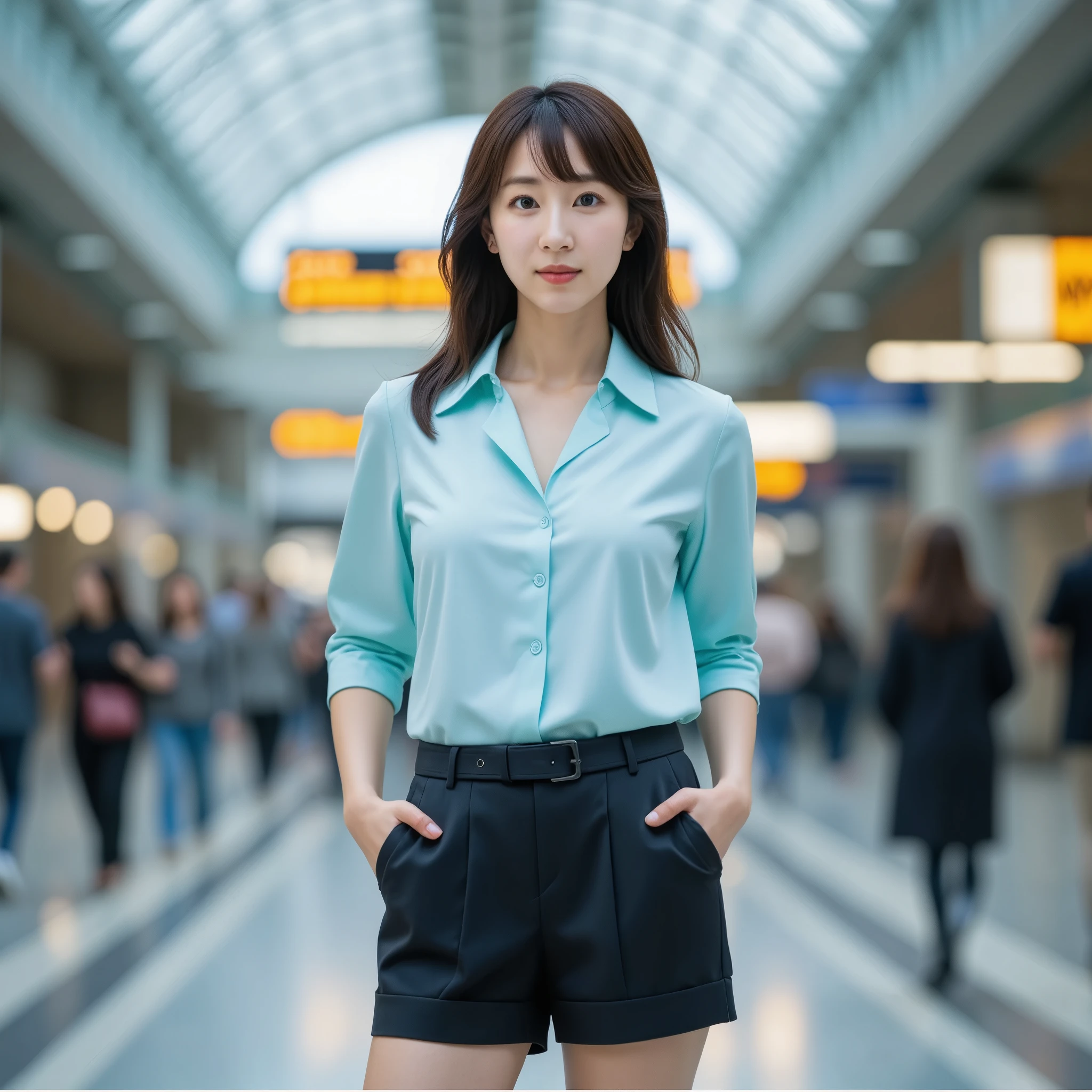 A young asian woman stands confidently in a bustling train station. She is dressed in a smart casual outfit, including a light blue blouse and dark shorts. The background is softly blurred, highlighting the busy environment with people passing by, while the woman remains the focal point of the image.