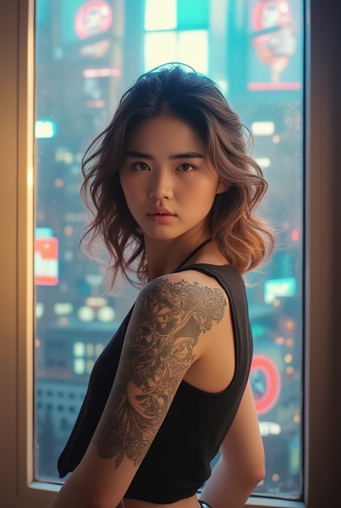 A stunning young korean woman with a bold tattoo on her arm, poses confidently against the vibrant backdrop of a bustling city. Her oval-shaped face is framed by a radiant glow, accentuating her frosty-pink lips and small earrings. Every detail, from the intricate design on her tattoo to the fine lines on her face, exudes high-quality craftsmanship. The photorealistic image captures the essence of urban beauty.