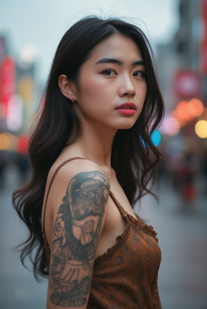 A stunning young korean woman with a bold tattoo on her arm, poses confidently against the vibrant backdrop of a bustling city. Her oval-shaped face is framed by a radiant glow, accentuating her frosty-pink lips and small earrings. Every detail, from the intricate design on her tattoo to the fine lines on her face, exudes high-quality craftsmanship. The photorealistic image captures the essence of urban beauty.