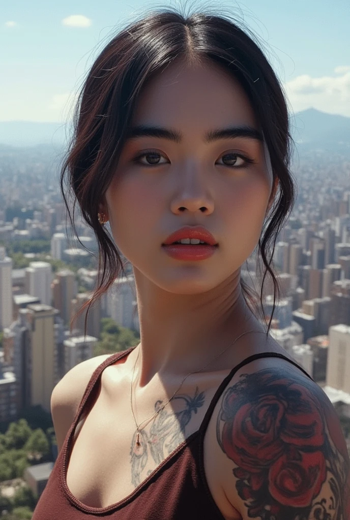 A stunning young korean woman with a bold tattoo on her arm, poses confidently against the vibrant backdrop of a bustling city. Her oval-shaped face is framed by a radiant glow, accentuating her frosty-pink lips and small earrings. Every detail, from the intricate design on her tattoo to the fine lines on her face, exudes high-quality craftsmanship. The photorealistic image captures the essence of urban beauty.