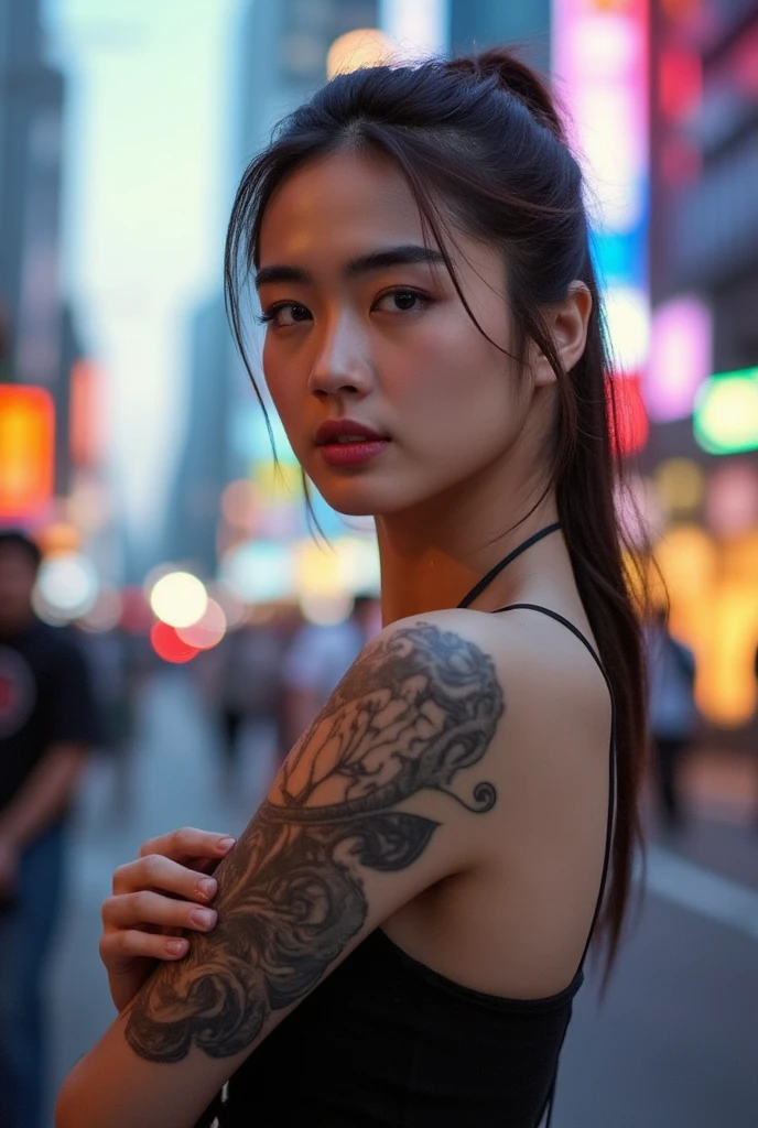 A stunning young korean woman with a bold tattoo on her arm, poses confidently against the vibrant backdrop of a bustling city. Her oval-shaped face is framed by a radiant glow, accentuating her frosty-pink lips and small earrings. Every detail, from the intricate design on her tattoo to the fine lines on her face, exudes high-quality craftsmanship. The photorealistic image captures the essence of urban beauty.