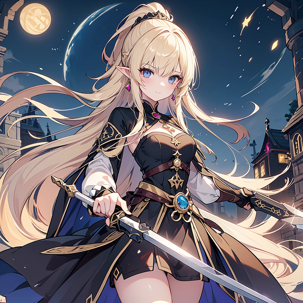 Eye patch、Witch costume、elf、grimoire、A transparent disk except for the geometric pattern.、Long Hair, chest, Blonde, ponytail, Pointy Ears, best quality, Snap your fingers、One Woman, Detailed face, Soft Lighting, Soft Light, Soft Focus, Perfect Face, Beautiful and accurate anatomy, Expose too much, 8k, 4K, (High resolution:1.1), Best Quality, (masterpiece:1.3), One girl, alone, jewelry, brown eyesSee viewers, Earrings on only one ear、Beautiful woman、Medieval streetscape、Shining magic circle、Black clothes、A fearless smile、Intimidating look、Deep slit、A sword with a large blade floating in the air、Simple Sword、Double-edged straight sword、Has a handle