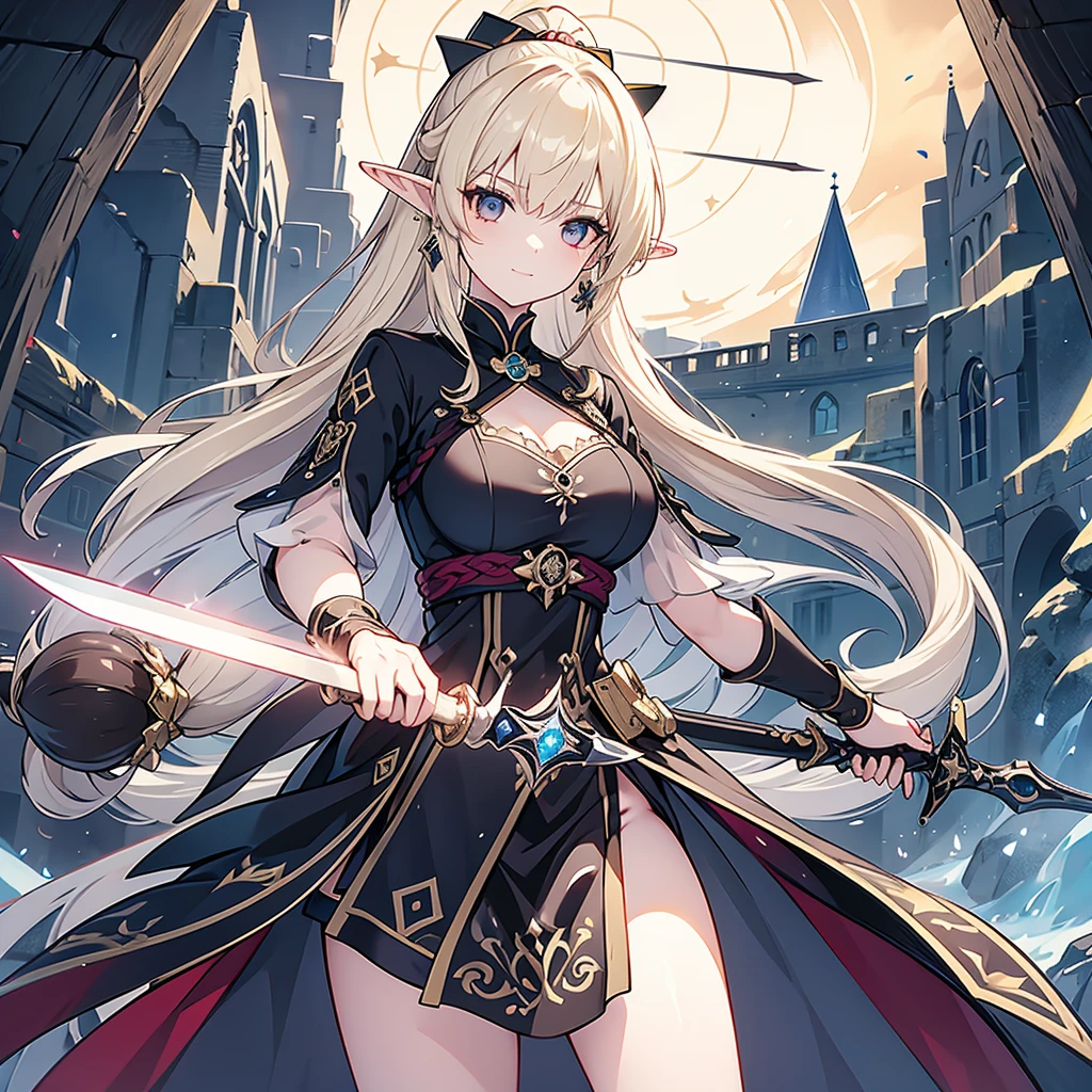 Eye patch、Witch costume、elf、grimoire、A transparent disk except for the geometric pattern.、Long Hair, chest, Blonde, ponytail, Pointy Ears, best quality, Snap your fingers、One Woman, Detailed face, Soft Lighting, Soft Light, Soft Focus, Perfect Face, Beautiful and accurate anatomy, Expose too much, 8k, 4K, (High resolution:1.1), Best Quality, (masterpiece:1.3), One girl, alone, jewelry, brown eyesSee viewers, Earrings on only one ear、Beautiful woman、Medieval streetscape、Shining magic circle、Black clothes、A fearless smile、Intimidating look、Deep slit、A sword with a large blade floating in the air、Simple Sword、Double-edged straight sword、Has a handle、One Sword