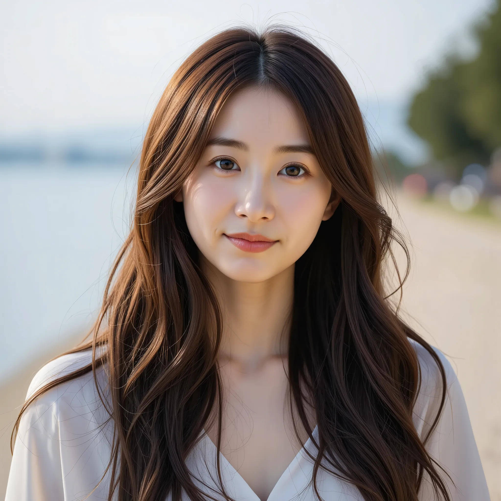 a portrait of a young east-asian woman with long messy brown hair, standing outdoors near a body of water,and she is smiling wit...