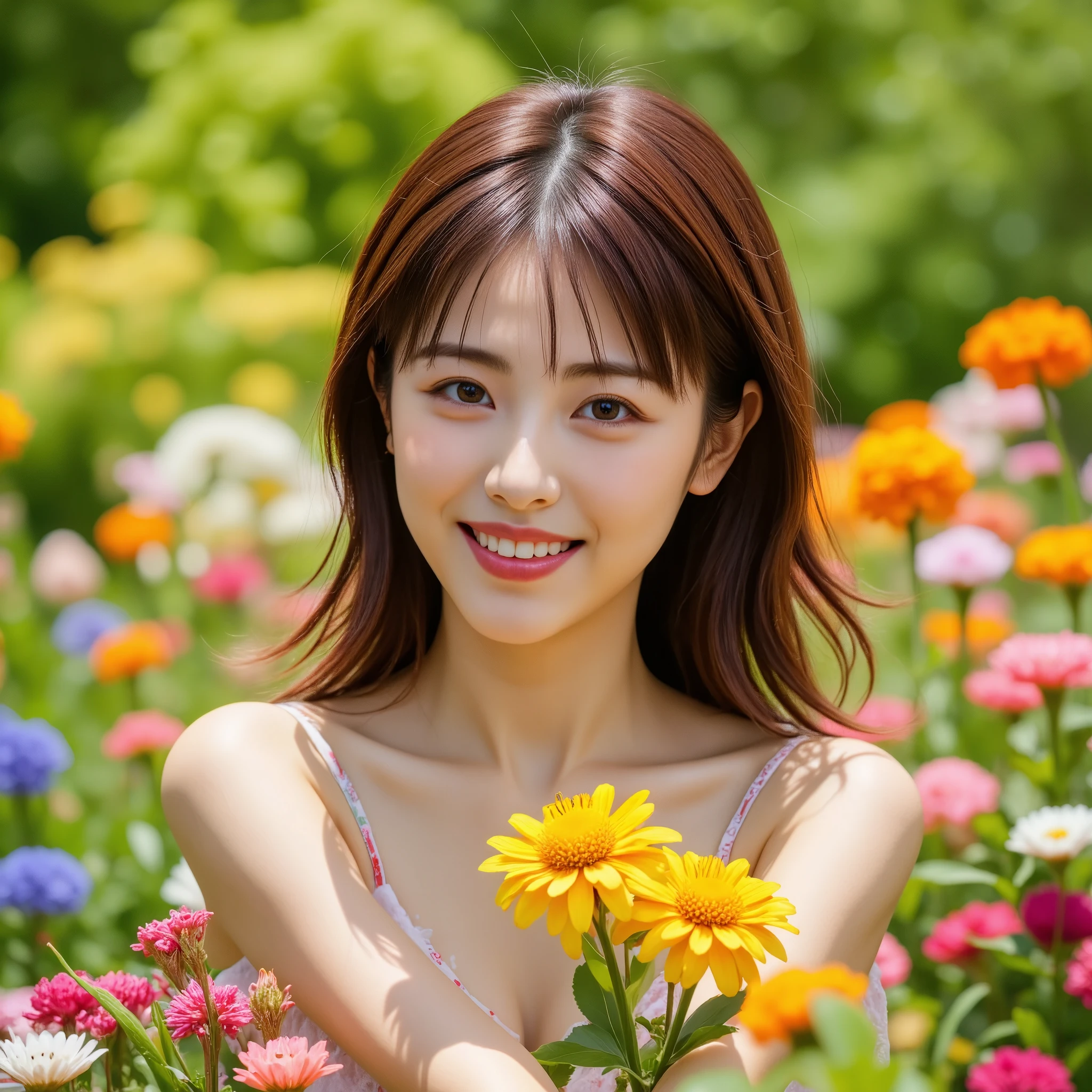 A young east-asian woman with brown hair, smiles joyfully while surrounded by vibrant flowers in a sunlit garden. Her cheerful demeanor is highlighted by the bright, sunny day and the colorful blooms, creating a lively and uplifting atmosphere. The background features a soft green blur, emphasizing her happiness and the vivid floral arrangement.