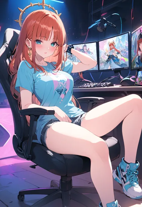 a gamer girl in a graphic tee, baggy jeans, and stylish sneakers, beautiful detailed eyes, beautiful detailed lips, extremely de...