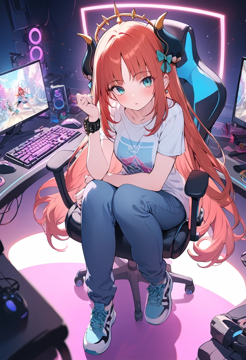 a gamer girl in a graphic tee, baggy jeans, and stylish sneakers, beautiful detailed eyes, beautiful detailed lips, extremely detailed face, longeyelashes, sitting on a gaming chair, gaming setup with a pc, rgb lighting, neon colors, cinematic lighting, vibrant colors, dynamic pose, anime style, digital art, highly detailed, 8k, best quality, masterpiece, nilou, niloudress, frilled, full body