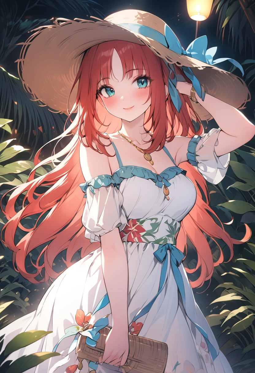 a girl in a tropical vacation outfit, a bright sundress with floral prints, a wide-brimmed hat, beautiful detailed eyes, beautiful detailed lips, extremely detailed face, long eyelashes, smiling, standing in a lush tropical garden, vibrant colors, warm lighting, cinematic lighting, highly detailed, 8k, best quality, masterpiece, nilou, niloudress, frilled, full body, 