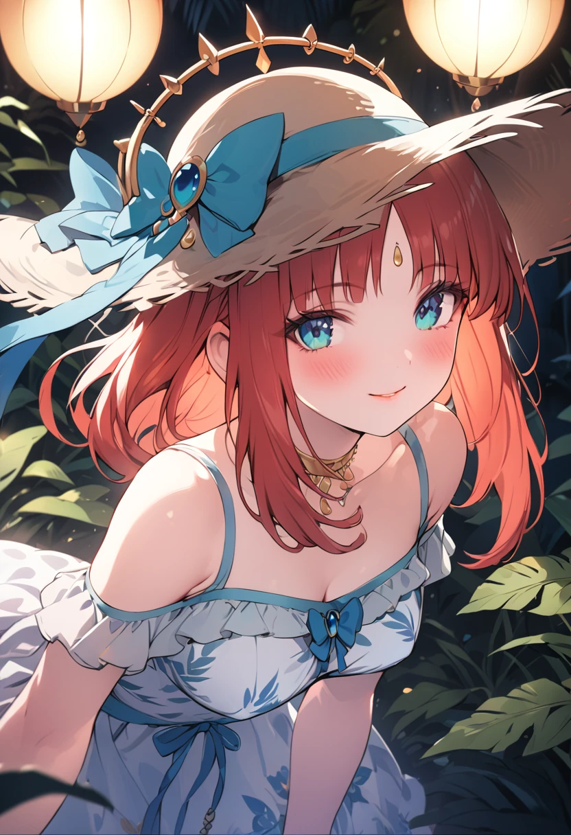 a girl in a tropical vacation outfit, a bright sundress with floral prints, a wide-brimmed hat, beautiful detailed eyes, beautiful detailed lips, extremely detailed face, long eyelashes, smiling, standing in a lush tropical garden, vibrant colors, warm lighting, cinematic lighting, highly detailed, 8k, best quality, masterpiece, nilou, niloudress, frilled, full body, 