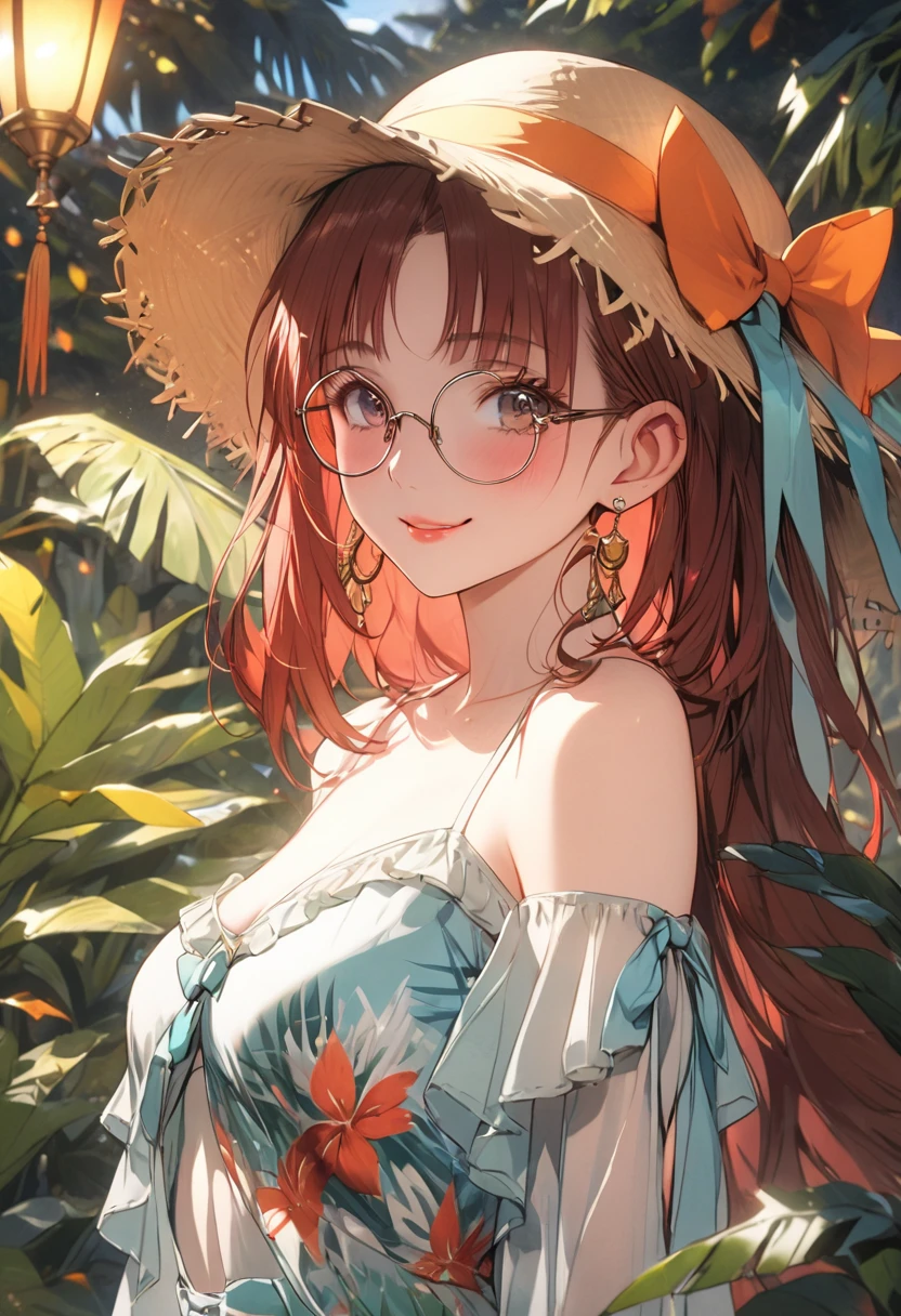 a girl in a tropical vacation outfit, a bright sundress with floral prints, a wide-brimmed hat, beautiful detailed eyes, beautiful detailed lips, extremely detailed face, long eyelashes, smiling, standing in a lush tropical garden, vibrant colors, warm lighting, cinematic lighting, highly detailed, 8k, best quality, masterpiece, nilou, niloudress, frilled, full body, wearing round glasses