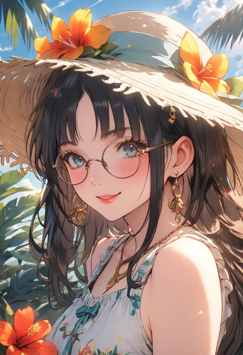 a girl in a tropical vacation outfit, a bright sundress with floral prints, a wide-brimmed hat, beautiful detailed eyes, beautiful detailed lips, extremely detailed face, long eyelashes, smiling, standing in a lush tropical garden, vibrant colors, warm lighting, cinematic lighting, highly detailed, 8k, best quality, masterpiece, nilou, niloudress, frilled, full body, wearing round glasses