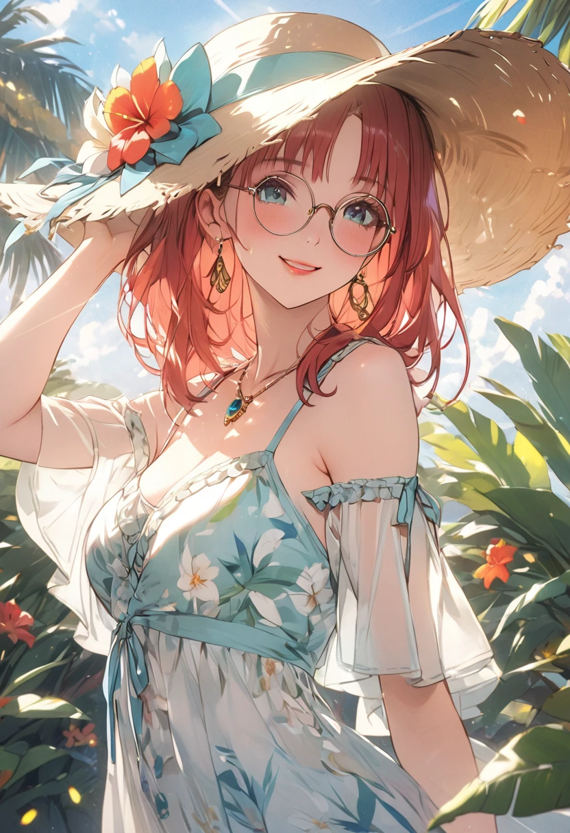 a girl in a tropical vacation outfit, a bright sundress with floral prints, a wide-brimmed hat, beautiful detailed eyes, beautiful detailed lips, extremely detailed face, long eyelashes, smiling, standing in a lush tropical garden, vibrant colors, warm lighting, cinematic lighting, highly detailed, 8k, best quality, masterpiece, nilou, niloudress, frilled, full body, wearing round glasses