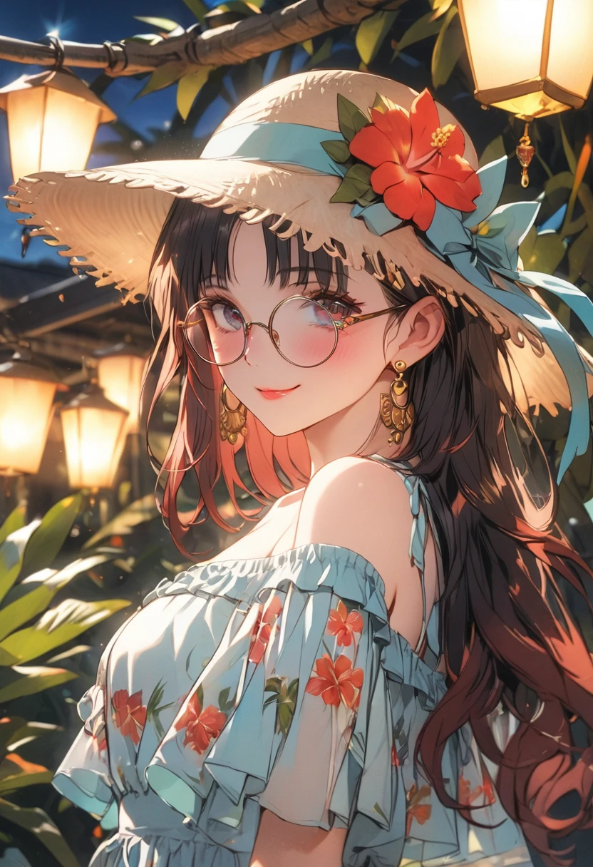 a girl in a tropical vacation outfit, a bright sundress with floral prints, a wide-brimmed hat, beautiful detailed eyes, beautiful detailed lips, extremely detailed face, long eyelashes, smiling, standing in a lush tropical garden, vibrant colors, warm lighting, cinematic lighting, highly detailed, 8k, best quality, masterpiece, nilou, niloudress, frilled, full body, wearing round glasses