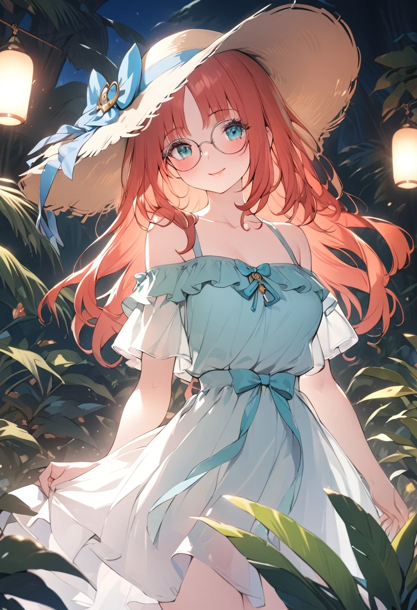 a girl in a tropical vacation outfit, a bright sundress with floral prints, a wide-brimmed hat, beautiful detailed eyes, beautiful detailed lips, extremely detailed face, long eyelashes, smiling, standing in a lush tropical garden, vibrant colors, warm lighting, cinematic lighting, highly detailed, 8k, best quality, masterpiece, nilou, niloudress, frilled, full body, wearing round glasses
