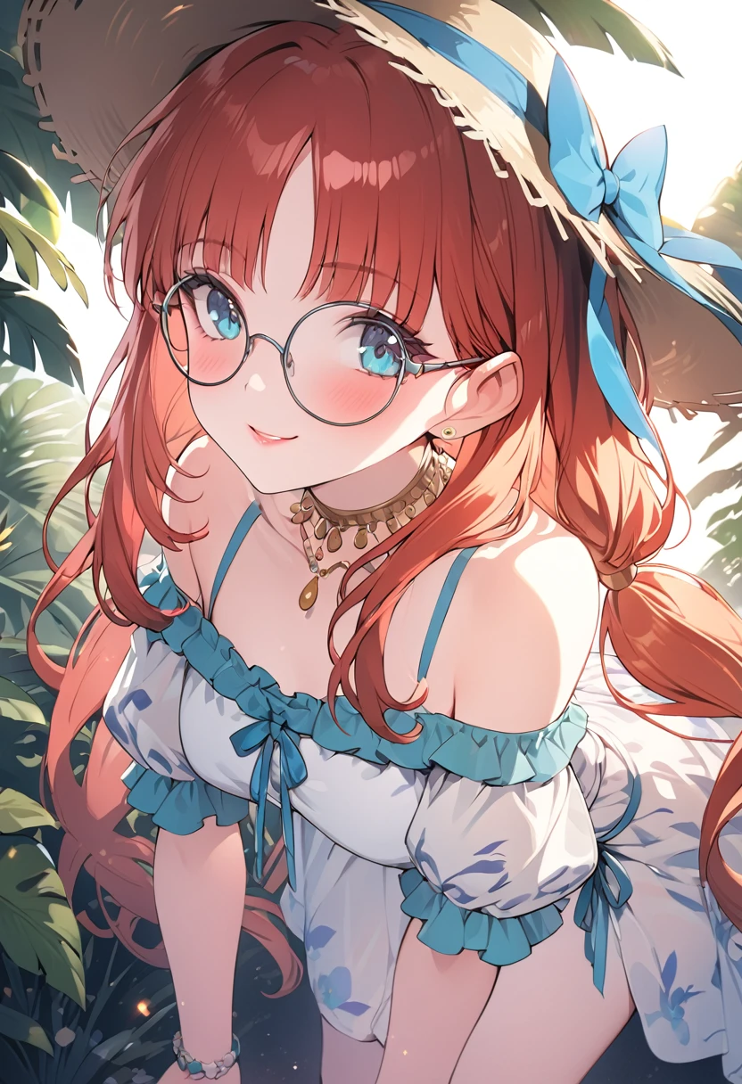 a girl in a tropical vacation outfit, a bright sundress with floral prints, a wide-brimmed hat, beautiful detailed eyes, beautiful detailed lips, extremely detailed face, long eyelashes, smiling, standing in a lush tropical garden, vibrant colors, warm lighting, cinematic lighting, highly detailed, 8k, best quality, masterpiece, nilou, niloudress, frilled, full body, wearing round glasses
