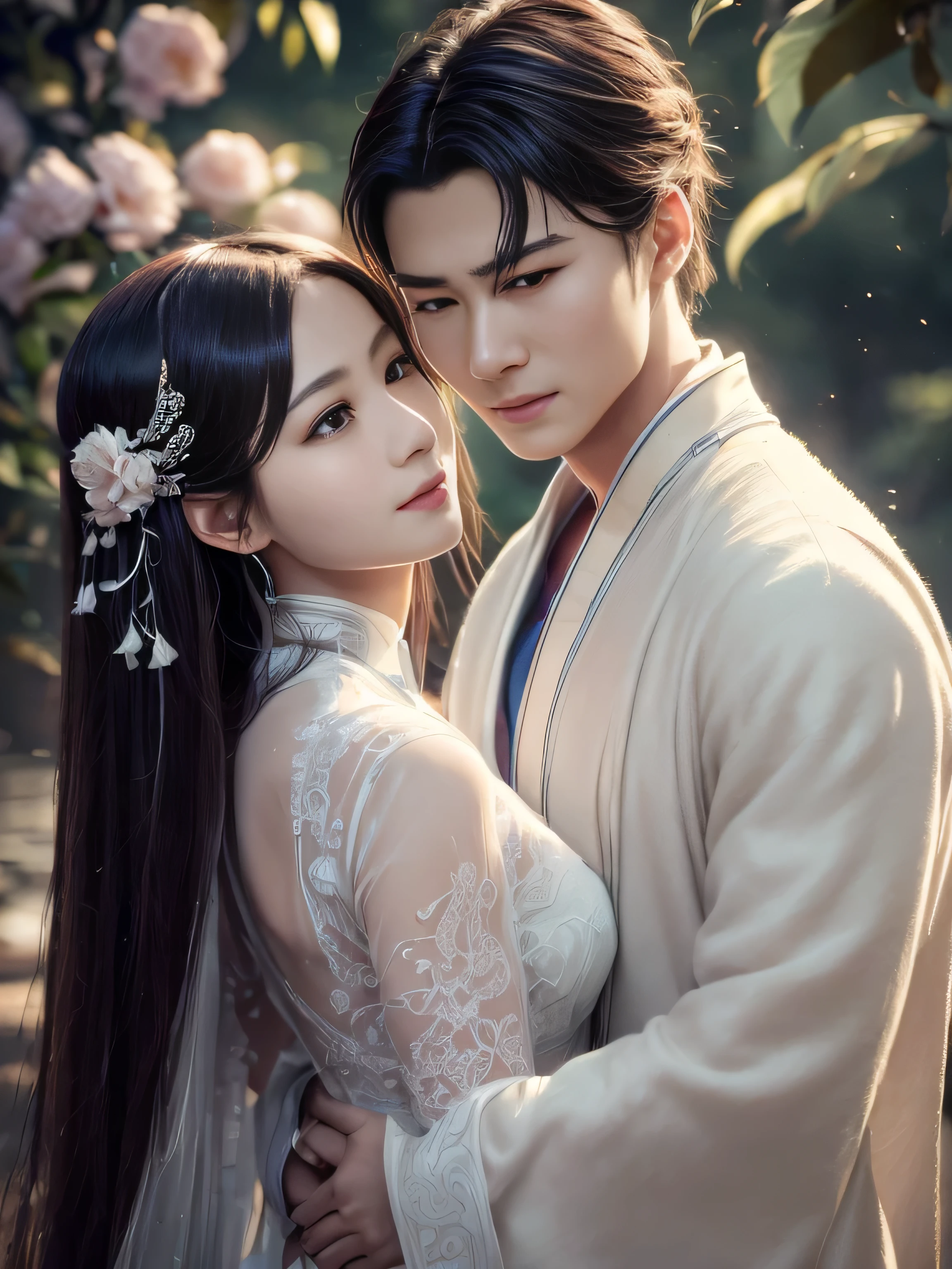 (Best Quality, Super Detail, Masterpiece, Representative Work, Official Art, Professional, Super Fine Detail, 8k:1.3), (photorealism:1.2), (Couple, Beautiful Girl and Boy), A couple in the sea of flowers, Handsome guy hugs beautiful girl from behind, Smiling and Wearing White Clothes, Delicate Hair, Chinese Beauty and Handsome Man, Wearing Ancient Chinese Clothes, Flowing Tulle, Light Silk, Create a movie poster similar to those used in Chinese romantic fantasy dramas, Correct proportions, Perfect face, perfect hands, Sweet atmosphere, Photorealistic, Sharp Focus, Dreamy Atmosphere, Delicate Details, Soft Volumetric Light, (Backlight:1.3), (Cinematic:1.2), Intricate Details, (ArtStation:1.3)