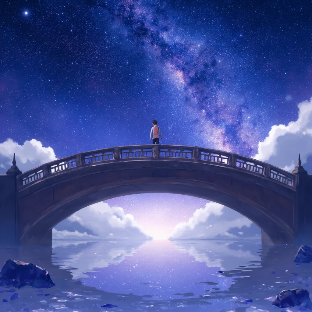 bridge, galaxy in sky, anime, beautiful landscape, sunset, ethereal.

full body, Professional, perfect composition, ultra-detailed, intricate details