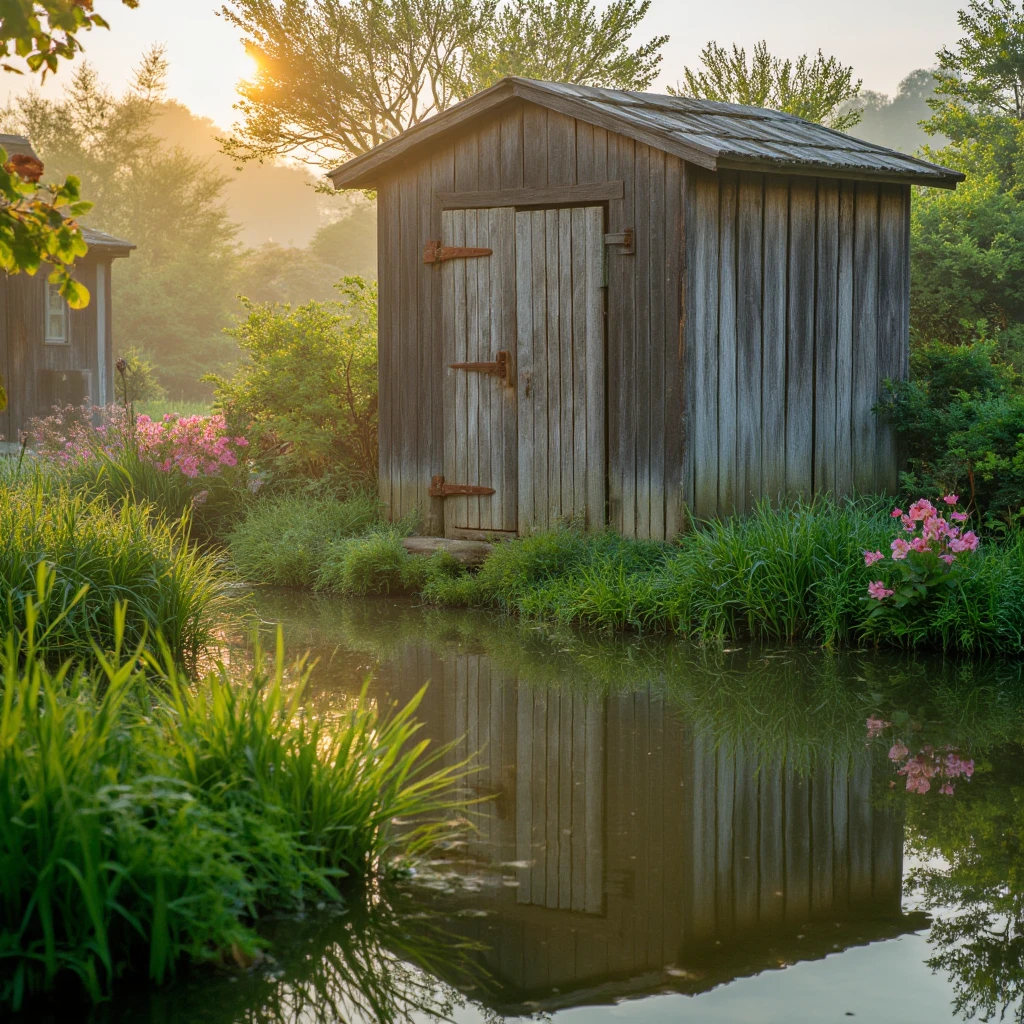 old wooden garden shed, Reflection, Morning, Sunlight, Garden, china Countryside, june.

full body, Professional, perfect composition, ultra-detailed, intricate details