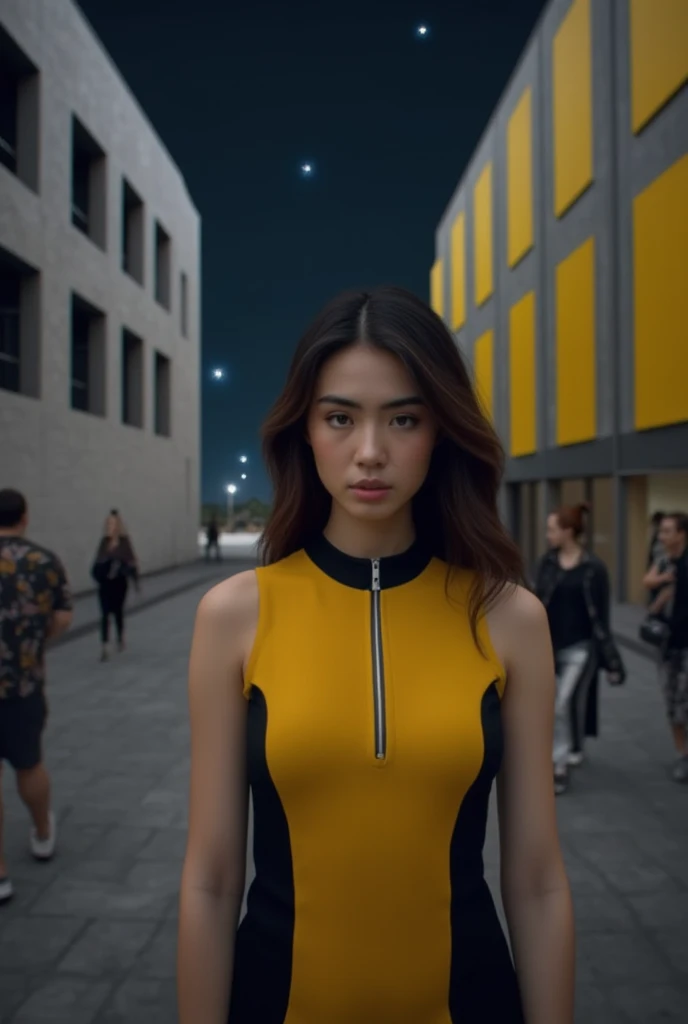 A woman with long dark brown hair stands confidently, wearing a vibrant yellow and black sleeveless dress with a sleek black collar. The silver zipper on her dress adds a touch of sophistication to the otherwise moody atmosphere. Against the backdrop of two contrasting buildings - one featuring gray and yellow panels, the other gray only - she poses with poise. In the distance, pedestrians move leftward across the frame, while the dark sky is punctuated by a few twinkling white stars.