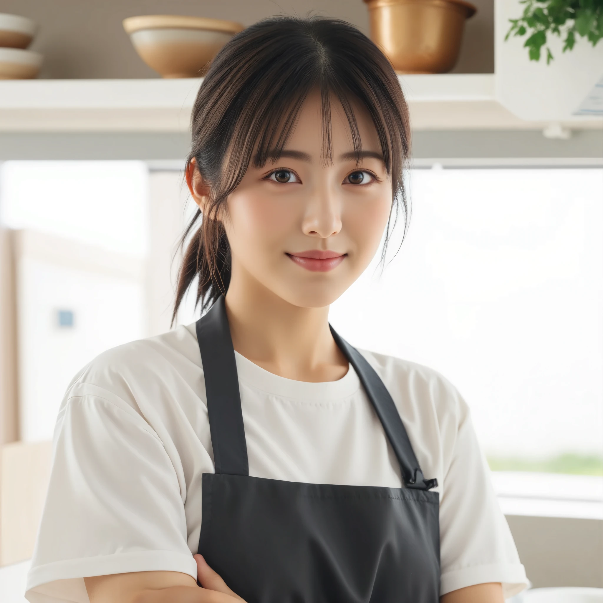 A photorealistic image of a young woman with medium-length, slightly tousled dark hair, tied loosely in a side ponytail. She wears a simple white t-shirt with a dark apron, and her expression is warm and cheerful, with a gentle smile. The image retains a slight illustration-like quality, with soft lighting and smooth, clean shading that gives it a light, dreamy atmosphere. Her posture is relaxed, holding onto the strap of her apron, and the background is minimal and bright, emphasizing her kind, approachable demeanor.