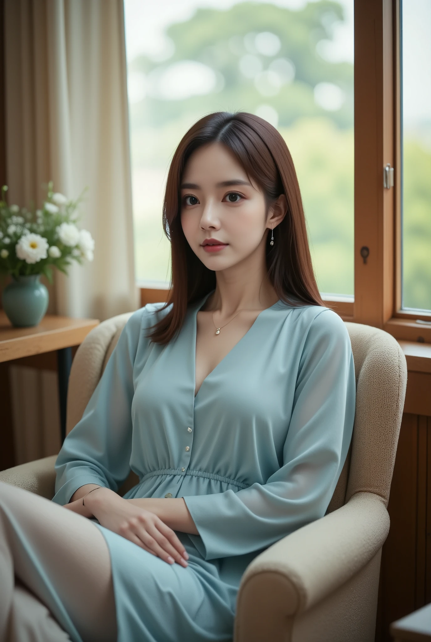 A woman sitting comfortably in a chair by a window, wearing a light blue dress, with soft lighting coming from outside.