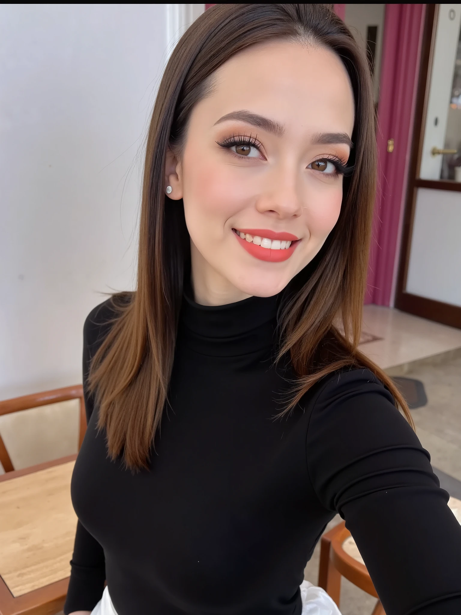 photography, model shoot, cowboy shot of a woman wearing a black off shoulder shirt and white skirt standing outside a cafe, she is posing, she has pretty lipstick, she is smiling, bright color, day light