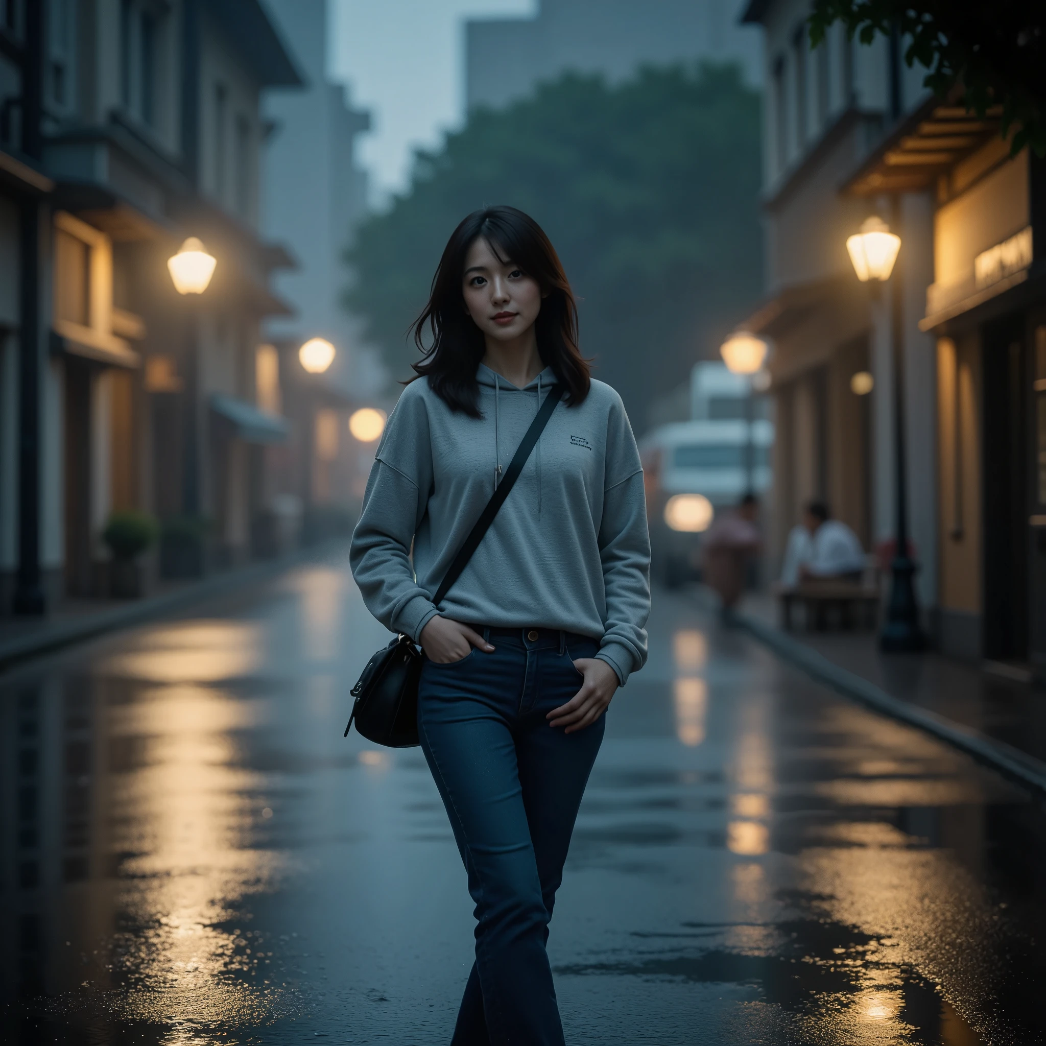 A photorealistic image of a young east-asian woman walking alone on a rainy street, wearing a gray hoodie and jeans. She carries a black shoulder bag, and her hair is slightly tousled by the wind. The street is wet and reflective from the rain, with soft puddles forming on the pavement. The atmosphere is quiet and moody, with streetlights glowing dimly in the background as rain softly falls. The woman walks with her hands in her pockets, her expression calm but introspective. The surrounding buildings and trees are blurred slightly in the distance, adding depth to the scene and enhancing the feeling of solitude in the rainy setting.