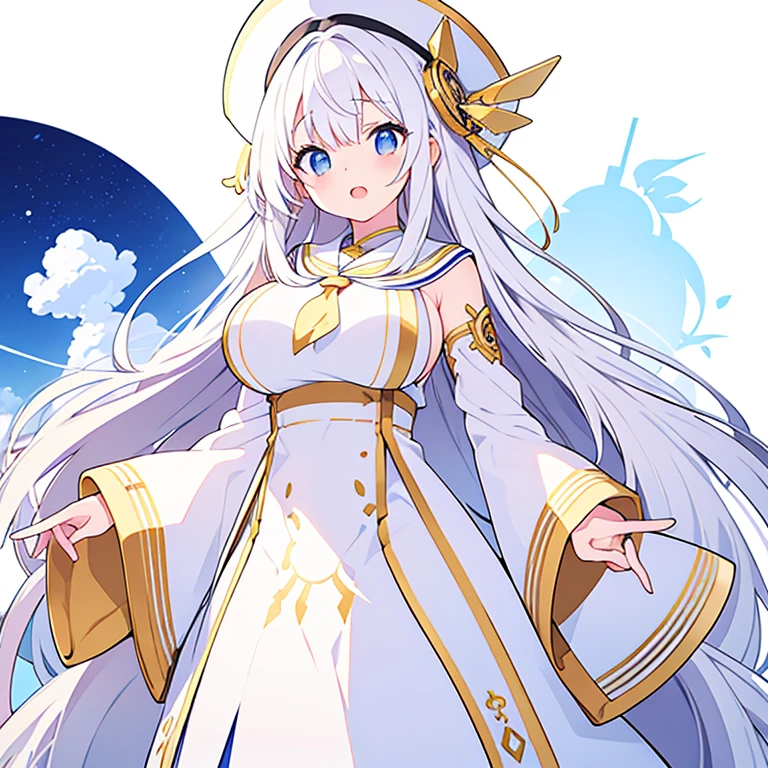 Large Breasts、Mouth open、Pure white background、tachi-e、Standing still、Hands at sides、White hat with gold decoration、Long white hair、Sailor&#39;White uniform