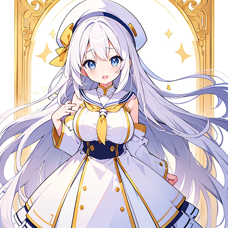 Large Breasts、Mouth open、Pure white background、tachi-e、Standing still、Hands at sides、White hat with gold decoration、Long white hair、Sailor&#39;White uniform