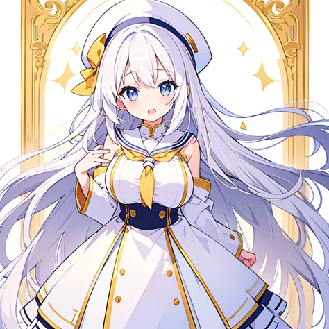 large breasts、mouth open、pure white background、tachi-e、standing still、hands at sides、white hat with gold decoration、long white h...