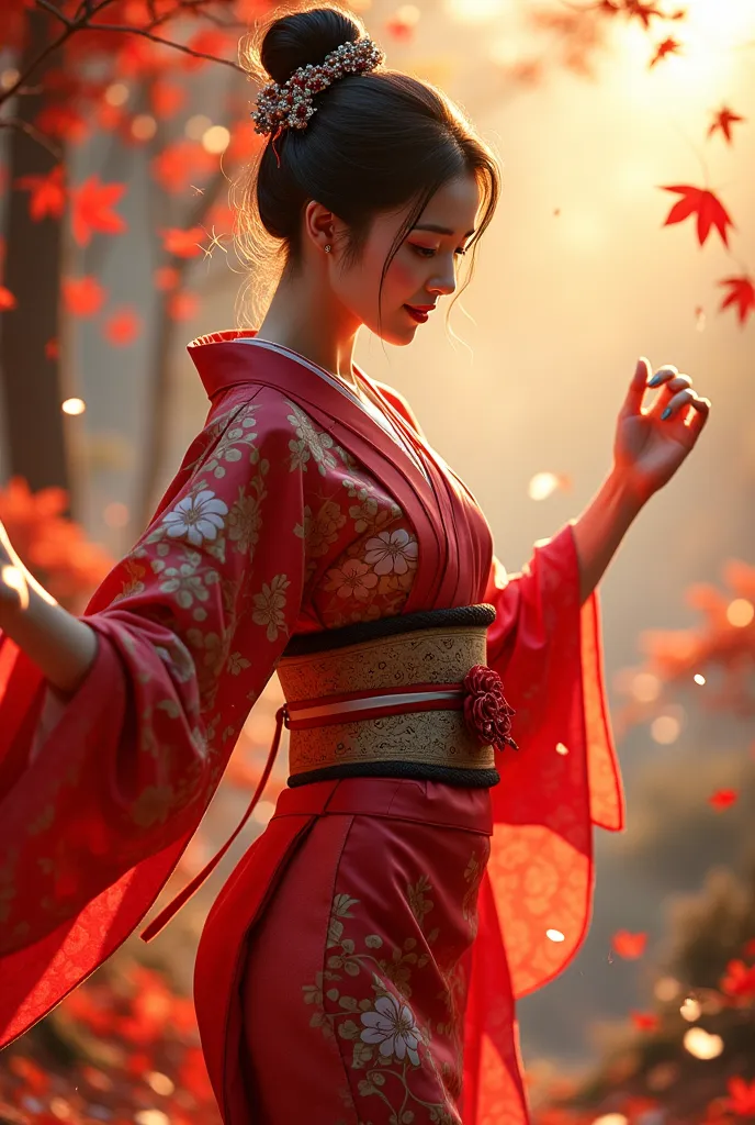 beautiful japanese women、high-end kimono、length, narrow eyes, downcast eyes, captivating smile, ((she is dancing a sensual and g...