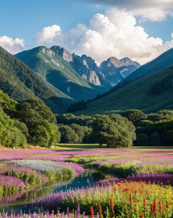 "Describe a picturesque landscape of a field after a rain shower. Capture the fresh scent of wet earth and blooming flowers, the vibrant colors of the grass and wildflowers glistening with raindrops. Paint a picture of the tranquility that follows the storm, with puddles reflecting the clear blue sky and distant mountains. Explore how the rain has revitalized the environment, and the sounds of nature awakening, such as birds chirping and insects buzzing."