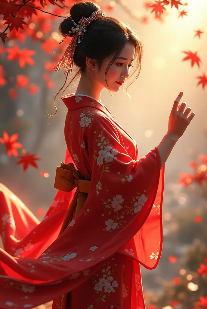 beautiful japanese women、high-end kimono、length, narrow eyes, downcast eyes, captivating smile, ((she is dancing a sensual and g...