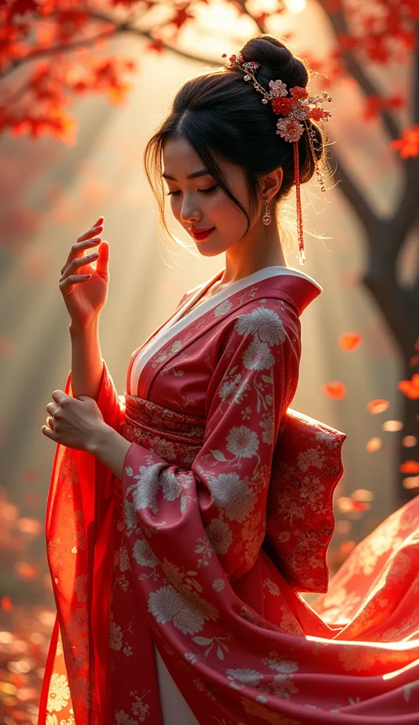 beautiful japanese women、high-end kimono、length, narrow eyes, downcast eyes, charming smile, ((she is dancing a sensual and grac...