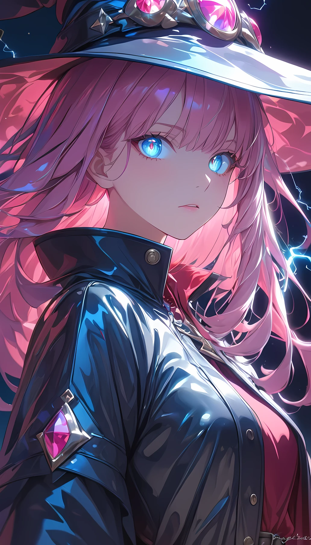 ((masterpiece)), (detailed), perfect face, high detailed eyes, ray tracing, super detail, textured skin, highres, Black leather coat, red inner shirt, leather belt, Wizard, witch, blue light, Shoots blue lightning from her hand, pink hair, long hair, crystal hair, expressive hair, anime style