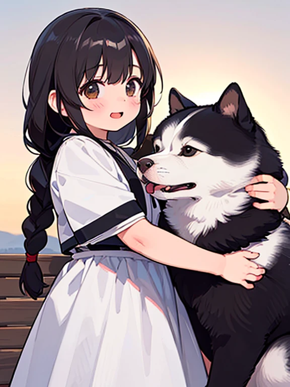 (Best Quality,4K,8k,High resolution,masterpiece:1.2), Very detailed, (Deformed, Realistic, Realistic:1.3)，One ，Cute ，Very short，Laugh happily, Brown eyes, Fluffy, Black hair braids，White Dress，，The dog is much bigger than the girl......，This dog is a Siberian Husky....，犬はFluffy，Dog hugging a girl，Siberian Husky holds his girlfriend&#39;s white panties in his mouth:1.8，Autumn background countryside house garden，