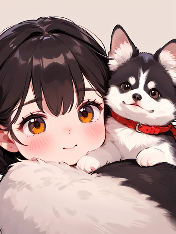 (Best Quality,4K,8k,High resolution,masterpiece:1.2), Very detailed, (Deformed, Realistic, Realistic:1.3)，One ，Cute ，Very short，Laugh happily, Brown eyes, Fluffy, Black hair braids，White Dress，，The dog is much bigger than the girl......，This dog is a Siberian Husky....，犬はFluffy，Dog hugging a girl，Siberian Husky holds his girlfriend&#39;s white panties in his mouth:1.8，Autumn background countryside house garden，
