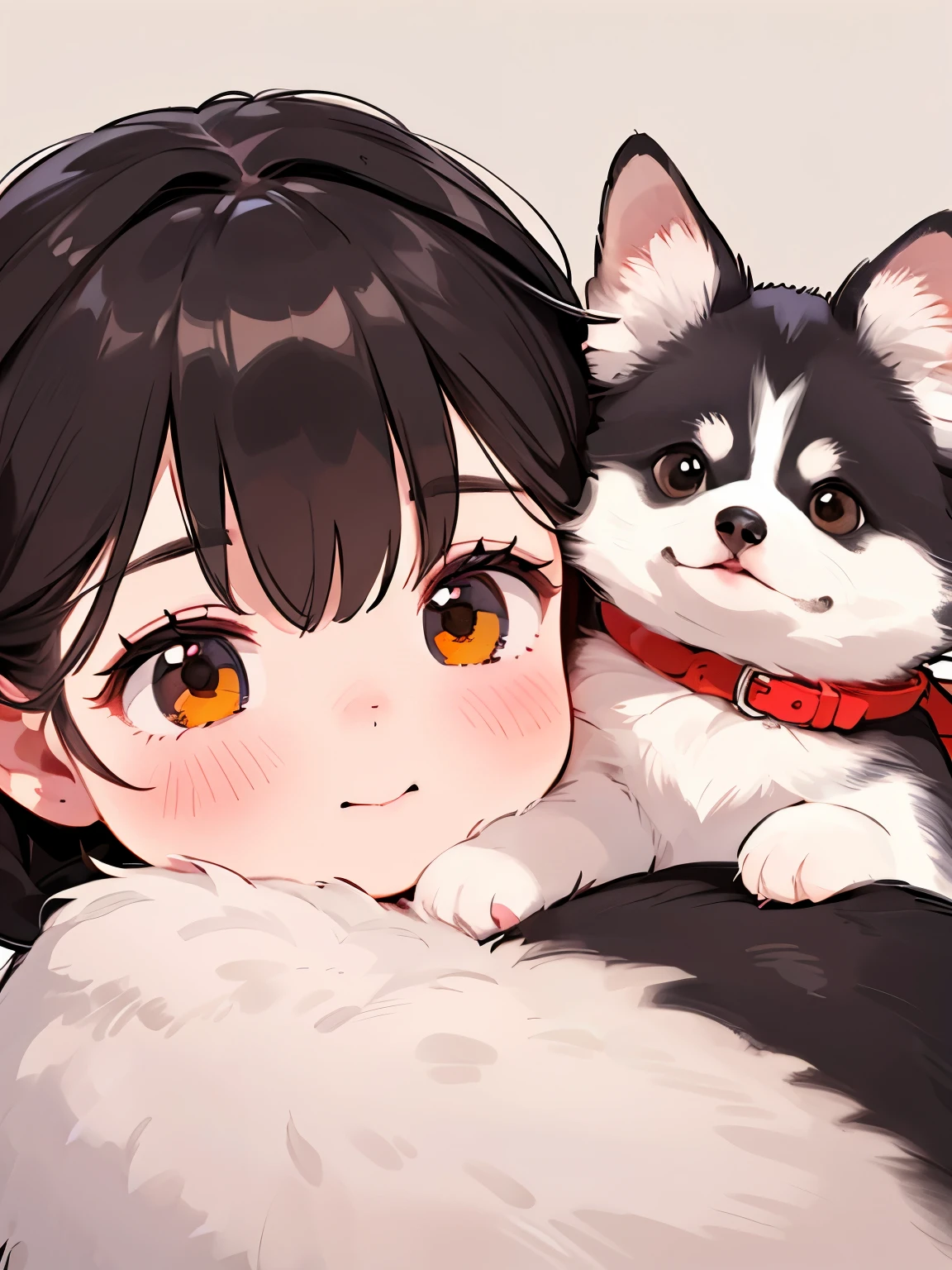 (Best Quality,4K,8k,High resolution,masterpiece:1.2), Very detailed, (Deformed, Realistic, Realistic:1.3)，One ，Cute ，Very short，Laugh happily, Brown eyes, Fluffy, Black hair braids，White Dress，，The dog is much bigger than the girl......，This dog is a Siberian Husky....，犬はFluffy，Dog hugging a girl，Siberian Husky holds his girlfriend&#39;s white panties in his mouth:1.8，Autumn background countryside house garden，
