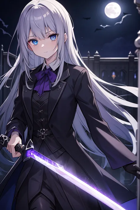 silver-haired dark wizard, heterochromia, blue eyes, deep purple eyes, wear a collared shirt, holding a thin sword in the moonli...