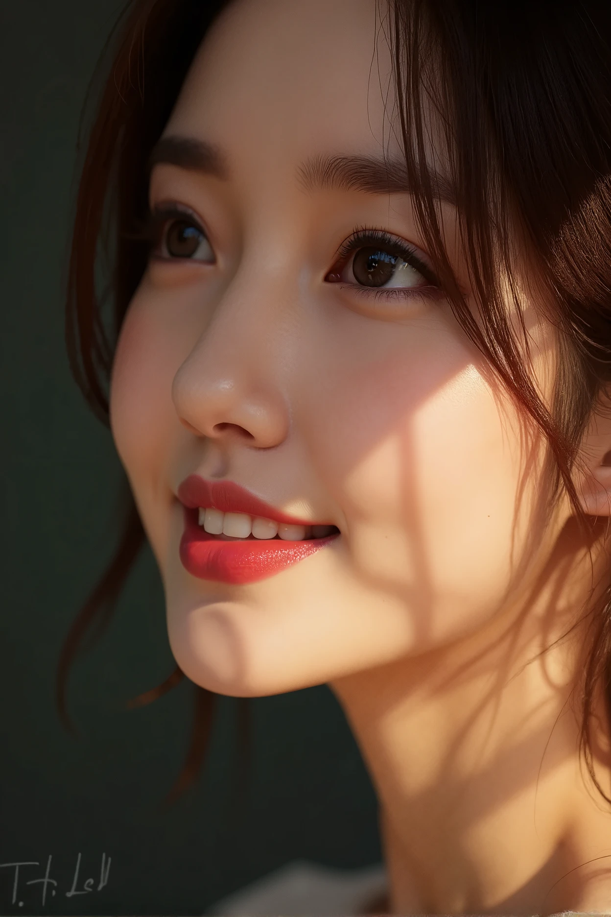 A beautiful east asian woman is smiling joyfully, face focused, show her face with the extremly detailed skin , soft lighting , half dark,