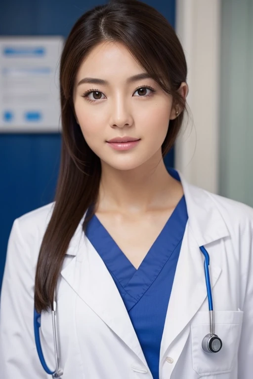 There is an attractive woman in a doctor&#39;s uniform and a white lab coat., sexy doctor ie next to a surgery room, attractive latina woman, brunette in a robe.