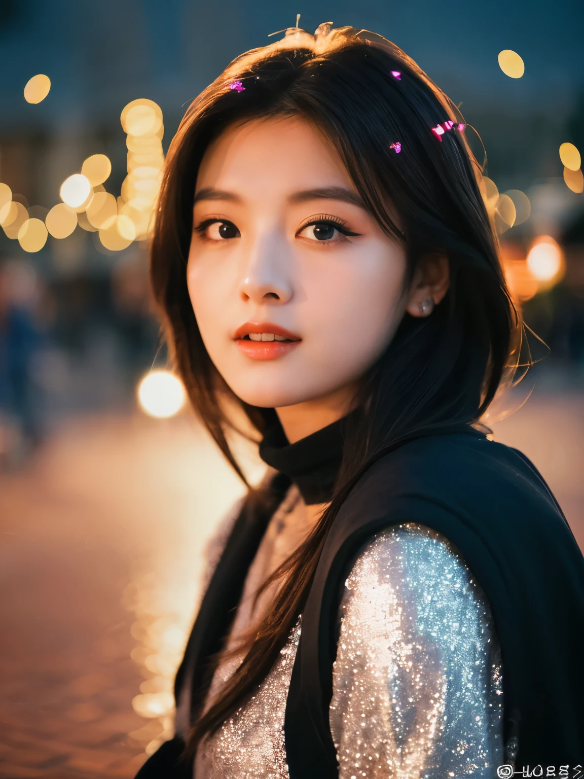 ulzzang-6500-v1.1, (RAW Photos:1.2), (Photorealistic), Beautiful Details, Famous popular actress、 (Genuine: 1.4), Highly detailed eyes and face, Beautiful detailed eyes, ((Glittering night illuminations at the square:1.2)), ((Women&#39;s Suits:1.3, Ultra-realistic pantyhose:1.3))、Selfie、Instagram、Harsh trial、Large file size, High resolution, Very detailed, Best Quality, [masterpiece:1.6], Awareness-raising, Very detailed, Finely detailed, Best Quality, 8k wallpaper, Cinema Lighting, One mature woman, 4, Perfect figure, Beautiful big droopy eyes、((masterpiece)), Best Quality, One mature woman, Eyeshadow,  High heels、Portrait, ((Full Body Shot:1.4))、(A very loving smile:1.2)、Realistic Skin Textures、Glowing Skin、Exposed thighs!!!