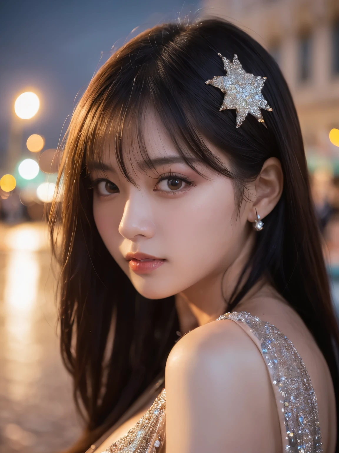 ulzzang-6500-v1.1, (RAW Photos:1.2), (Photorealistic), Beautiful Details, Famous popular actress、 (Genuine: 1.4), Highly detailed eyes and face, Beautiful detailed eyes, ((Glittering night illuminations at the square:1.2)), ((Women&#39;s Suits:1.3, Ultra-realistic pantyhose:1.3))、Selfie、Instagram、Harsh trial、Large file size, High resolution, Very detailed, Best Quality, [masterpiece:1.6], Awareness-raising, Very detailed, Finely detailed, Best Quality, 8k wallpaper, Cinema Lighting, One mature woman, 4, Perfect figure, Beautiful big droopy eyes、((masterpiece)), Best Quality, One mature woman, Eyeshadow,  High heels、Portrait, ((Full Body Shot:1.4))、(A very loving smile:1.2)、Realistic Skin Textures、Glowing Skin、Exposed thighs!!!