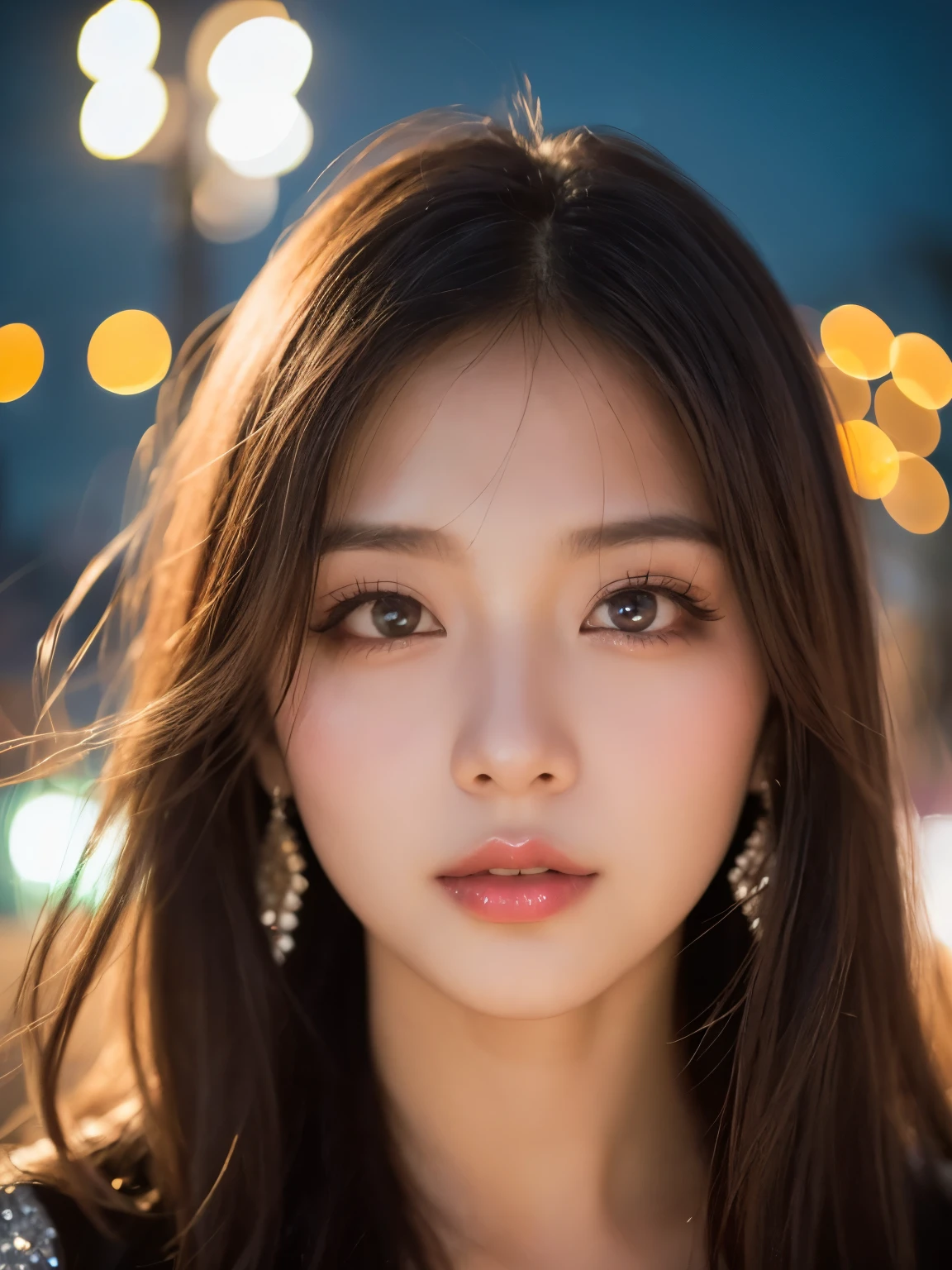 ulzzang-6500-v1.1, (RAW Photos:1.2), (Photorealistic), Beautiful Details, Famous popular actress、 (Genuine: 1.4), Highly detailed eyes and face, Beautiful detailed eyes, ((Glittering night illuminations at the square:1.2)), ((Women&#39;s Suits:1.3, Ultra-realistic pantyhose:1.3))、Selfie、Instagram、Harsh trial、Large file size, High resolution, Very detailed, Best Quality, [masterpiece:1.6], Awareness-raising, Very detailed, Finely detailed, Best Quality, 8k wallpaper, Cinema Lighting, One mature woman, 4, Perfect figure, Beautiful big droopy eyes、((masterpiece)), Best Quality, One mature woman, Eyeshadow,  High heels、Portrait, ((Full Body Shot:1.4))、(A very loving smile:1.2)、Realistic Skin Textures、Glowing Skin、Exposed thighs!!!