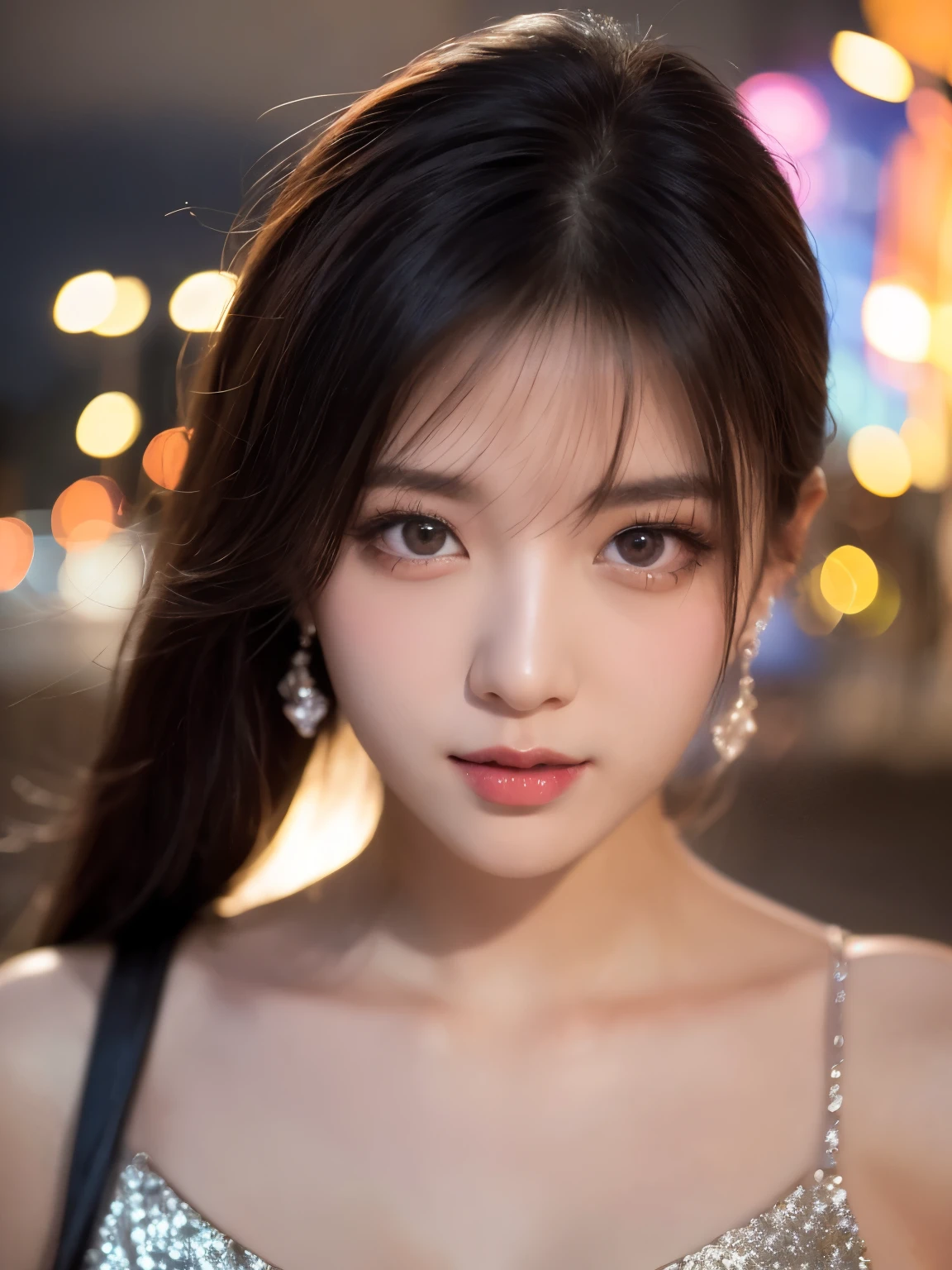 ulzzang-6500-v1.1, (RAW Photos:1.2), (Photorealistic), Beautiful Details, Famous popular actress、 (Genuine: 1.4), Highly detailed eyes and face, Beautiful detailed eyes, ((Glittering night illuminations at the square:1.2)), ((Women&#39;s Suits:1.3, Ultra-realistic pantyhose:1.3))、Selfie、Instagram、Harsh trial、Large file size, High resolution, Very detailed, Best Quality, [masterpiece:1.6], Awareness-raising, Very detailed, Finely detailed, Best Quality, 8k wallpaper, Cinema Lighting, One mature woman, 4, Perfect figure, Beautiful big droopy eyes、((masterpiece)), Best Quality, One mature woman, Eyeshadow,  High heels、Portrait, ((Full Body Shot:1.4))、(A very loving smile:1.2)、Realistic Skin Textures、Glowing Skin、Exposed thighs!!!