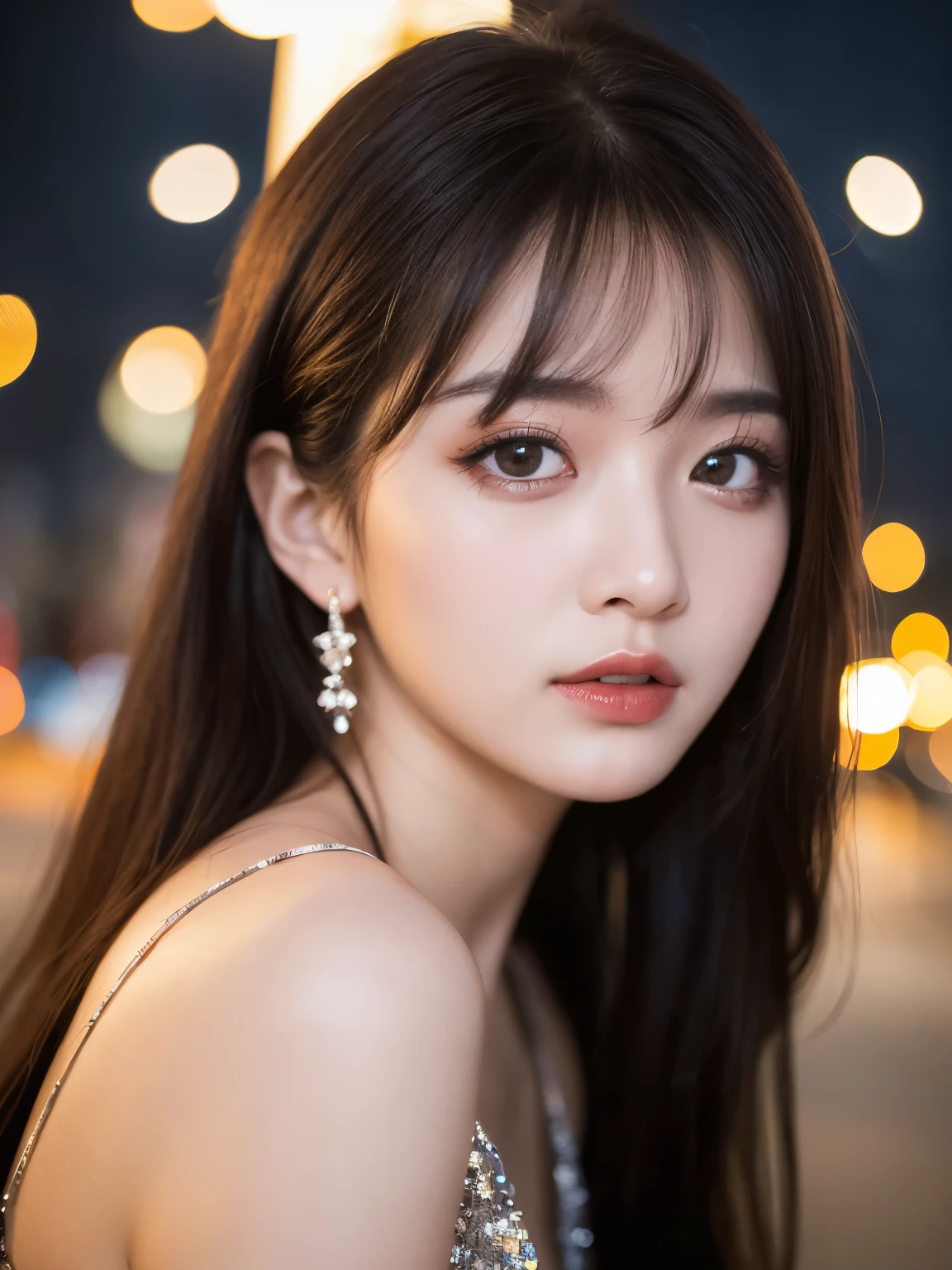 ulzzang-6500-v1.1, (RAW Photos:1.2), (Photorealistic), Beautiful Details, Famous popular actress、 (Genuine: 1.4), Highly detailed eyes and face, Beautiful detailed eyes, ((Glittering night illuminations at the square:1.2)), ((Women&#39;s Suits:1.3, Ultra-realistic pantyhose:1.3))、Selfie、Instagram、Harsh trial、Large file size, High resolution, Very detailed, Best Quality, [masterpiece:1.6], Awareness-raising, Very detailed, Finely detailed, Best Quality, 8k wallpaper, Cinema Lighting, One mature woman, 4, Perfect figure, Beautiful big droopy eyes、((masterpiece)), Best Quality, One mature woman, Eyeshadow,  High heels、Portrait, ((Full Body Shot:1.4))、(A very loving smile:1.2)、Realistic Skin Textures、Glowing Skin、Exposed thighs!!!