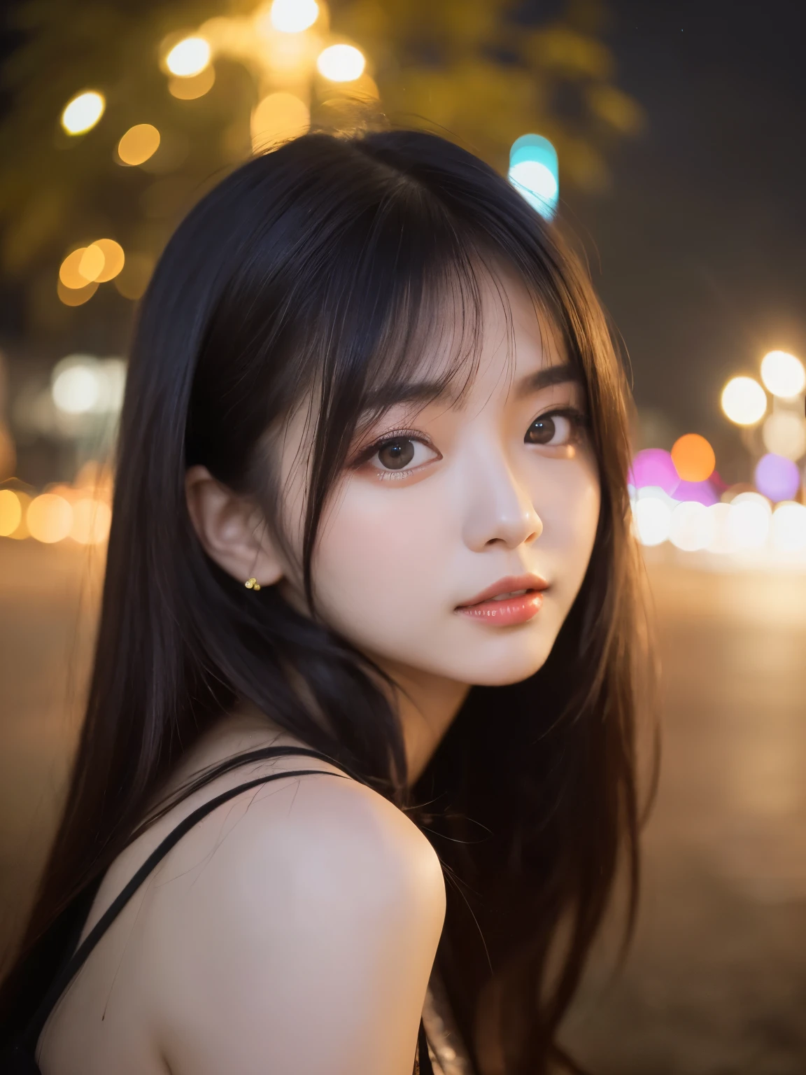 ulzzang-6500-v1.1, (RAW Photos:1.2), (Photorealistic), Beautiful Details, Famous popular actress、 (Genuine: 1.4), Highly detailed eyes and face, Beautiful detailed eyes, ((Glittering night illuminations at the square:1.2)), ((Women&#39;s Suits:1.3, Ultra-realistic pantyhose:1.3))、Selfie、Instagram、Harsh trial、Large file size, High resolution, Very detailed, Best Quality, [masterpiece:1.6], Awareness-raising, Very detailed, Finely detailed, Best Quality, 8k wallpaper, Cinema Lighting, One mature woman, 4, Perfect figure, Beautiful big droopy eyes、((masterpiece)), Best Quality, One mature woman, Eyeshadow,  High heels、Portrait, ((Full Body Shot:1.4))、(A very loving smile:1.2)、Realistic Skin Textures、Shiny skin、Bare thighs!!!