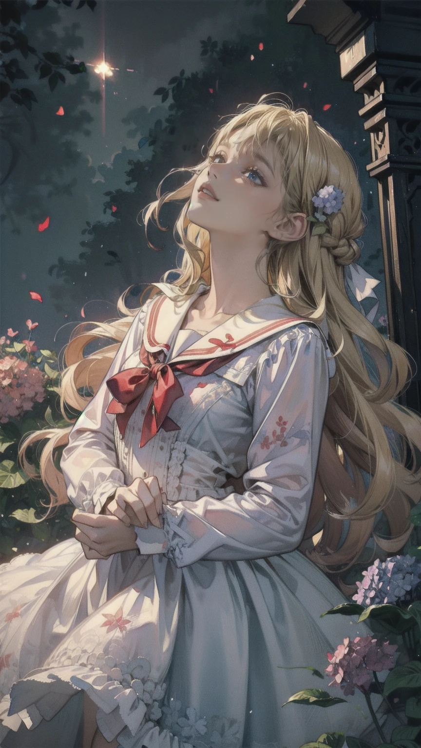 Best Quality,masterpiece,Watercolor style,girl,blonde,blue eyes,White Dress,Red Ribbon Hydrangea,after the rain,rainbow,Looking up at the sky,smile,The light spreads,White Dress,Sailor collar,Long sleeve,Dark blue on the cuff,Line on the cuff,,Shortcuts,